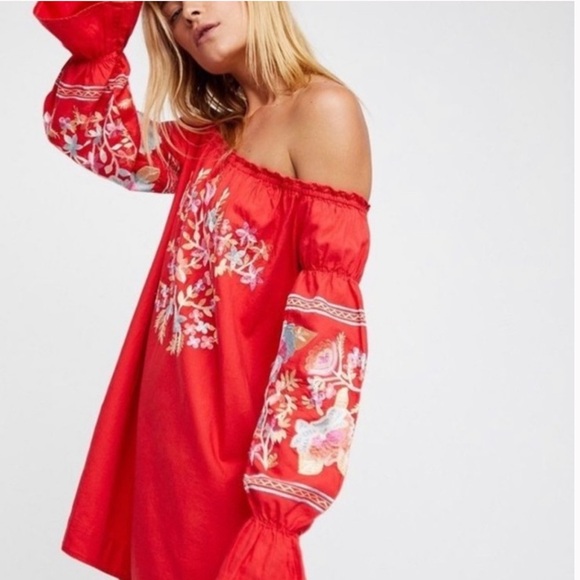 Free People Off shoulder Embroidered Dress Tunic Top Red Floral size Large - Picture 1 of 11